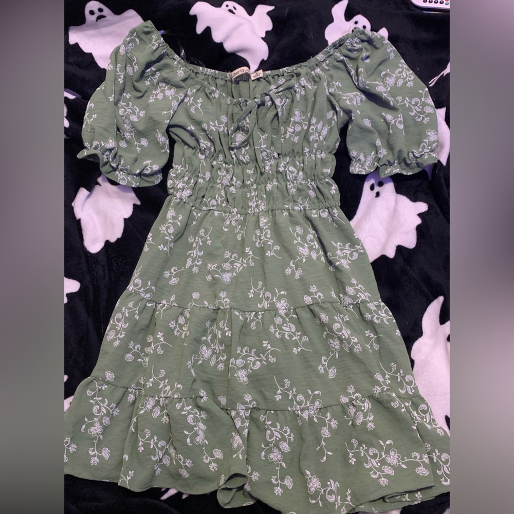 Liberty lane Olive Green dress with White Floral Design